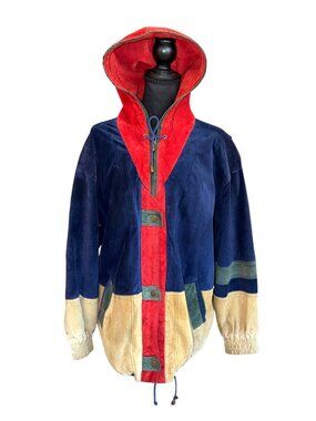 VTG Paris Sport Club Y2K Colorblock Suede Leather Hooded Jacket Size M Red Navy